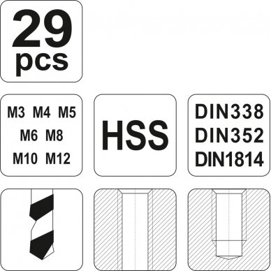 Sriegiklių ir grąžtų rinkinys | HSS | М3-М12 | 29 vnt. (YT-2977) 3