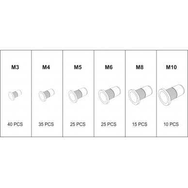 Srieginės kniedės | aliuminės | M3-M10 | 150 vnt. (YT-36460) 3