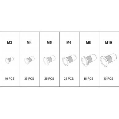 Srieginės kniedės | plieninės | M3-M10 | 150 vnt. (YT-36481) 2