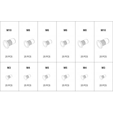Srieginių plieninių ir aliuminų kniedžių rinkinys MIX | M3-M10 | 300 vnt. (YT-36480) 2