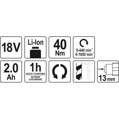 Suktuvas-gręžtuvas YATO YT-82782 | Mabuchi | Li-ion | 18V | 40Nm 7