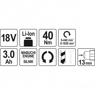 Suktuvas-gręžtuvas YATO YT-82784 | Mabuchi | Li-ion | 18V | 40Nm 7