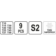 T-rankenėlių atsuktuvų rinkinys | T-Star su skyle (Torx) | T10-T50 | 9 vnt. (YT-05615)